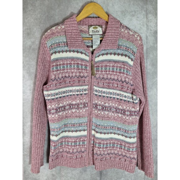 TIARA INTERNATIONAL Chunky Knit Fair Isle Sweater Cardigan Women's M Cottagecore - Picture 1 of 9